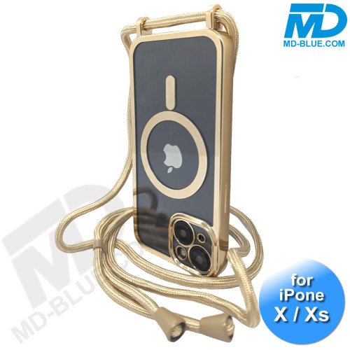 iPhone  X / Xs Magsafe Hoesje - Transparant Siliconen - met lens bescherming en Koord  - Goud