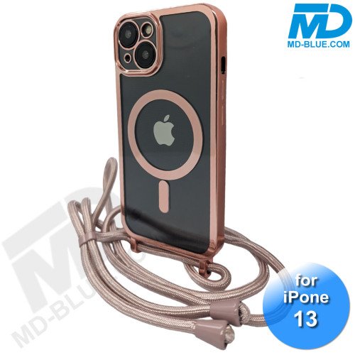 iPhone 13 Magsafe Hoesje - Transparant Siliconen - met lens bescherming en Koord  - Rosé Goud
