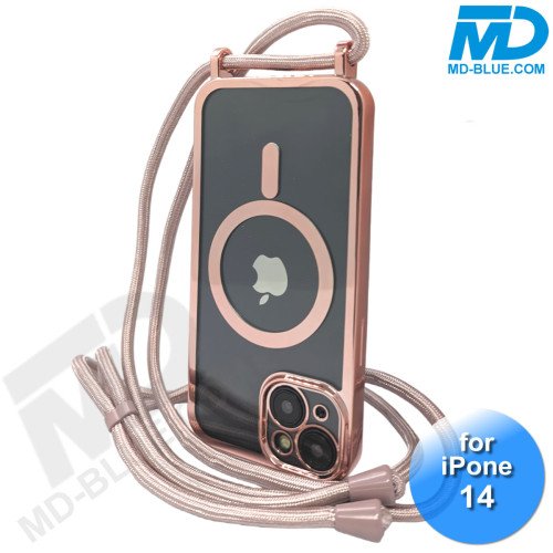 iPhone 14 Magsafe Hoesje - Transparant Siliconen - met lens bescherming en Koord  - Rose Goud