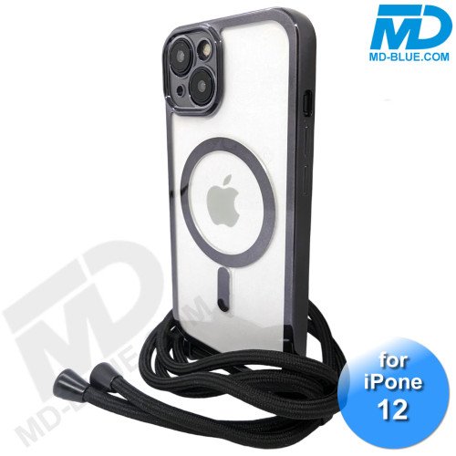 iPhone 12 Magsafe Hoesje - Transparant Siliconen - met lens bescherming en Koord  - Zwart