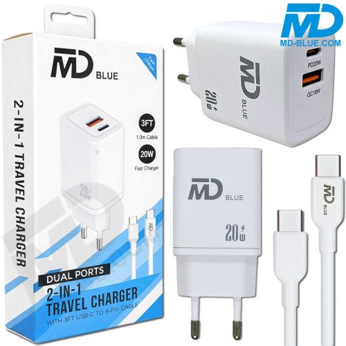 MDblue - Oplader - 20 Watt - 1x USB-A - 1x USB-C - plus Kabel  USB-C >USB-C 1 meter