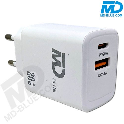 MDblue - Oplader - 1x USB-A - 1x USB-C - 20 Watt - plus Kabel  USB-C > Lightning 1 meter