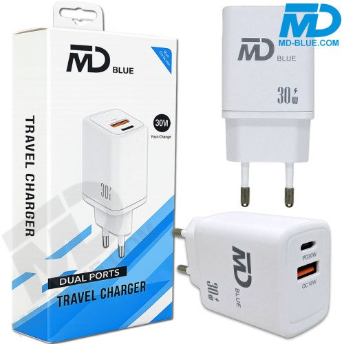 MDblue - Oplader - 1x USB-A - 1x USB-C - 30 Watt - Wit