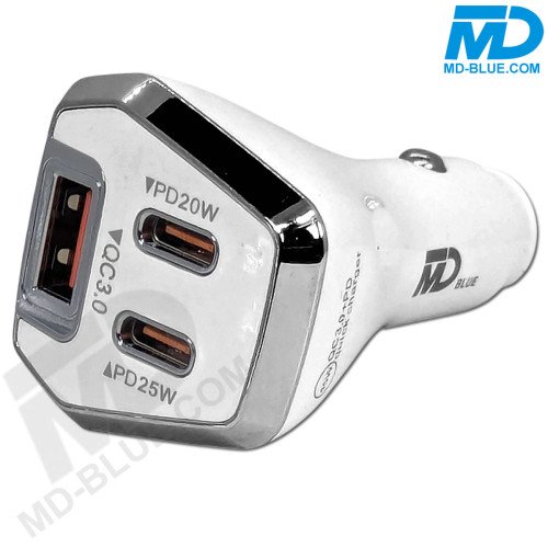 MDblue 45W Autolader – 2x USB-C & 1x USB-A | Snelle en slimme oplader voor onderweg