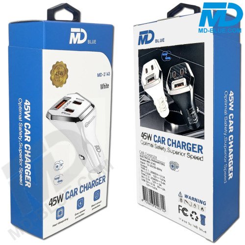 MDblue 45W Autolader – 2x USB-C & 1x USB-A | Snelle en slimme oplader voor onderweg