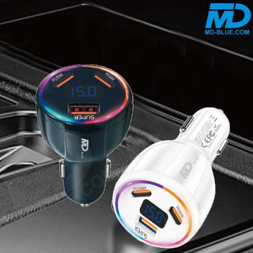 MDblue 90W High Speed Autolader – 2x USB-C & 1x USB-A - Zwart