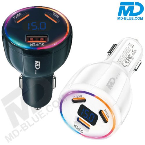 MDblue 90W High Speed Autolader – 2x USB-C & 1x USB-A - Zwart