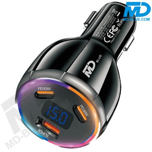 MDblue 90W High Speed Autolader – 2x USB-C & 1x USB-A - Zwart