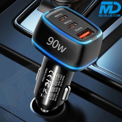 MDblue 90W High Speed Autolader – 2x USB-C & 1x USB-A - Zwart