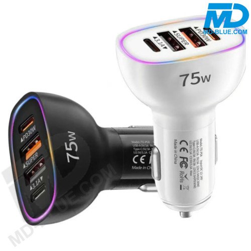 MDblue 75W High Speed Autolader – 2x USB-C & 2x USB-A - Wit