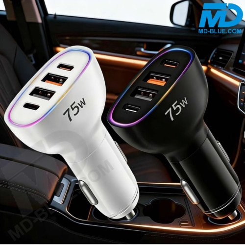 MDblue 75W High Speed Autolader – 2x USB-C & 2x USB-A - Wit