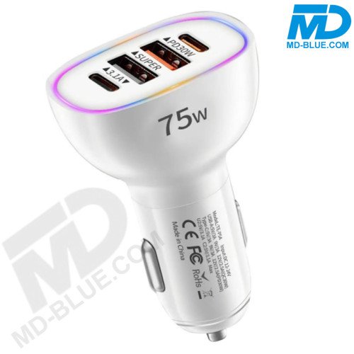 MDblue 75W High Speed Autolader – 2x USB-C & 2x USB-A - Wit