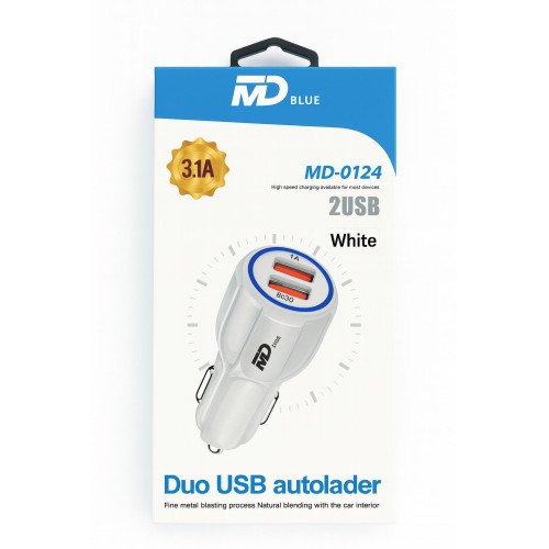MDBlue - Oplaadstekker - 2 x USB - Auto oplader - Snellader - Wit