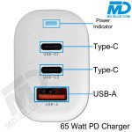 MDblue oplaadstekker - Oplader - Adapter - 2 x USB-C - 1 x USB-A  - Snellader - 65 Watt - Wit