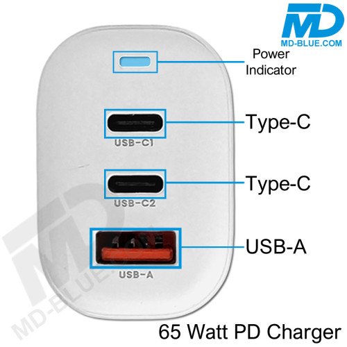 MDblue oplaadstekker - Oplader - Adapter - 2 x USB-C - 1 x USB-A  - Snellader - 65 Watt - Wit