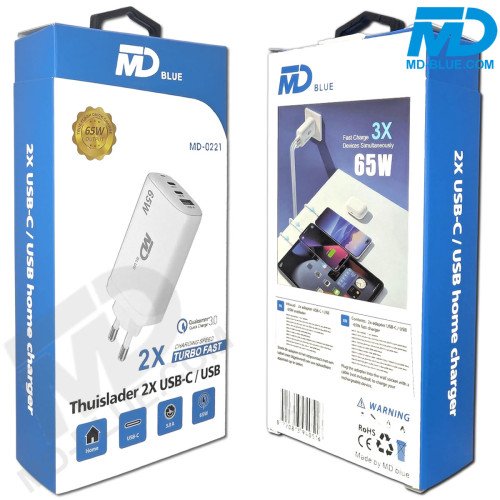 MDblue oplaadstekker - Oplader - Adapter - 2 x USB-C - 1 x USB-A  - Snellader - 65 Watt - Wit