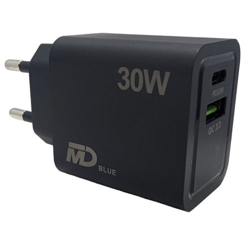 MDblue - Oplader - 1 x USB-C - 1 x USB-A - Snellader - 30 Watt - Zwart