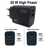 MDblue - Oplader - 1 x USB-C - 1 x USB-A - Snellader - 30 Watt - Zwart