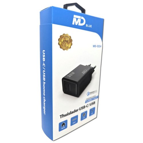 MDblue - Oplader - 1 x USB-C - 1 x USB-A - Snellader - 30 Watt - Zwart