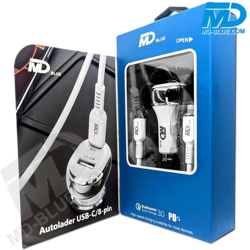 MDBlue - Auto oplader Set - 1 x USB-A - 1 x USB-C - Snellader - 1 mtr oplaadkabel voor iPhone - 40 Watt