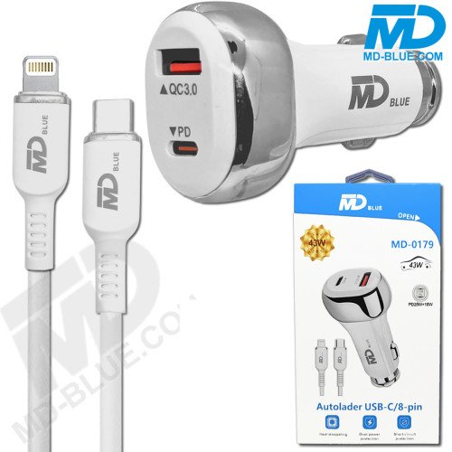 MDBlue - Auto oplader Set - 1 x USB-A - 1 x USB-C - Snellader - 1 mtr oplaadkabel voor iPhone - 40 Watt