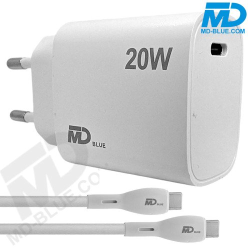 MDblue - 20 Watt USB-C Oplader plus 1 mtr USB-C naar USB-C Kabel- Wit